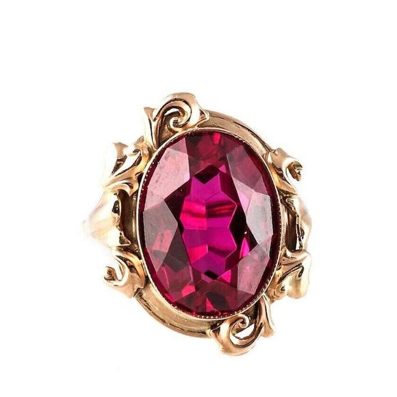 Vintage Russian Russia USSR 14K 583 Rose Pink Gold Ruby Solitaire Cocktail RING